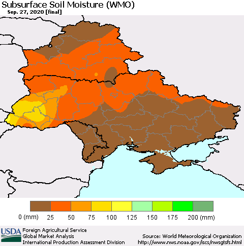 Ukraine, Moldova and Belarus Subsurface Soil Moisture (WMO) Thematic Map For 9/21/2020 - 9/27/2020