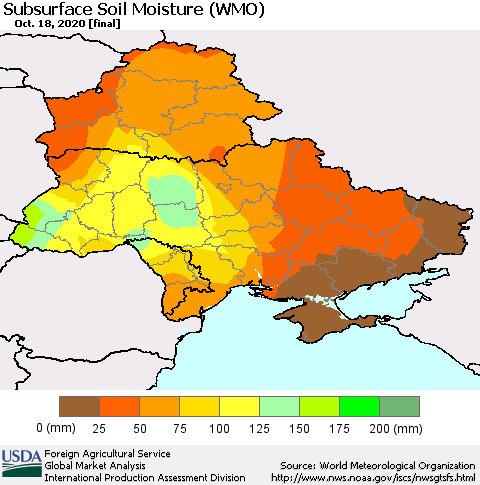 Ukraine, Moldova and Belarus Subsurface Soil Moisture (WMO) Thematic Map For 10/12/2020 - 10/18/2020