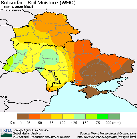 Ukraine, Moldova and Belarus Subsurface Soil Moisture (WMO) Thematic Map For 10/26/2020 - 11/1/2020