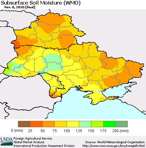 Ukraine, Moldova and Belarus Subsurface Soil Moisture (WMO) Thematic Map For 11/2/2020 - 11/8/2020