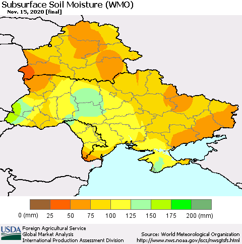 Ukraine, Moldova and Belarus Subsurface Soil Moisture (WMO) Thematic Map For 11/9/2020 - 11/15/2020