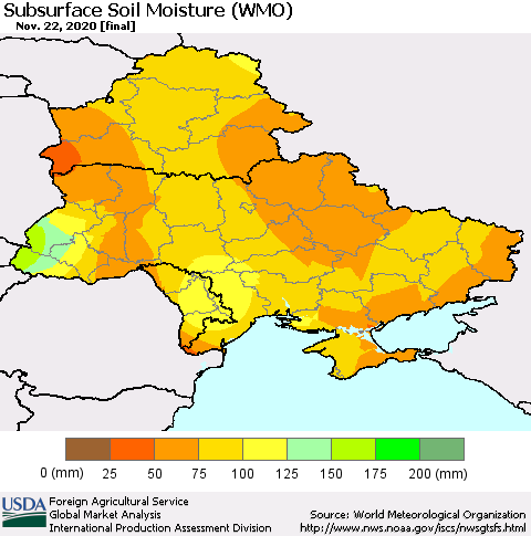 Ukraine, Moldova and Belarus Subsurface Soil Moisture (WMO) Thematic Map For 11/16/2020 - 11/22/2020