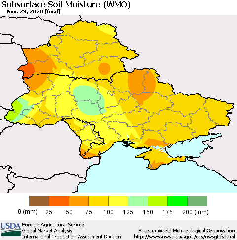 Ukraine, Moldova and Belarus Subsurface Soil Moisture (WMO) Thematic Map For 11/23/2020 - 11/29/2020