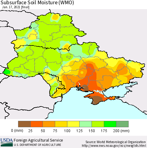 Ukraine, Moldova and Belarus Subsurface Soil Moisture (WMO) Thematic Map For 1/11/2021 - 1/17/2021