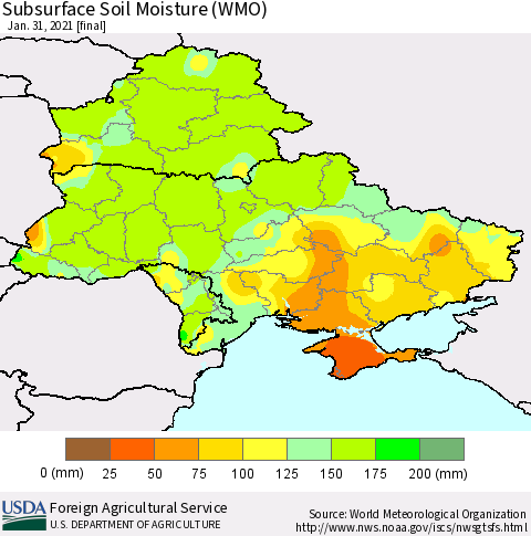Ukraine, Moldova and Belarus Subsurface Soil Moisture (WMO) Thematic Map For 1/25/2021 - 1/31/2021