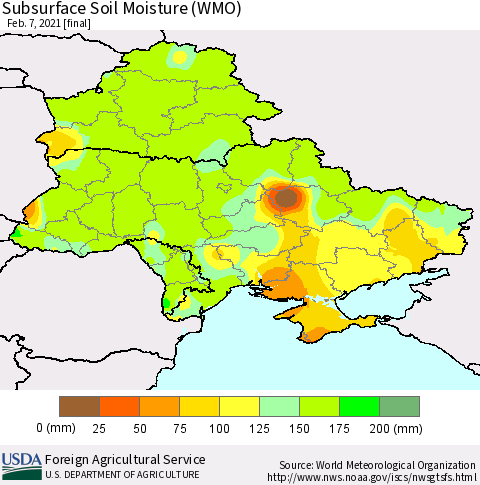 Ukraine, Moldova and Belarus Subsurface Soil Moisture (WMO) Thematic Map For 2/1/2021 - 2/7/2021