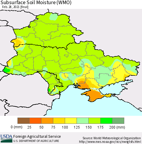 Ukraine, Moldova and Belarus Subsurface Soil Moisture (WMO) Thematic Map For 2/22/2021 - 2/28/2021