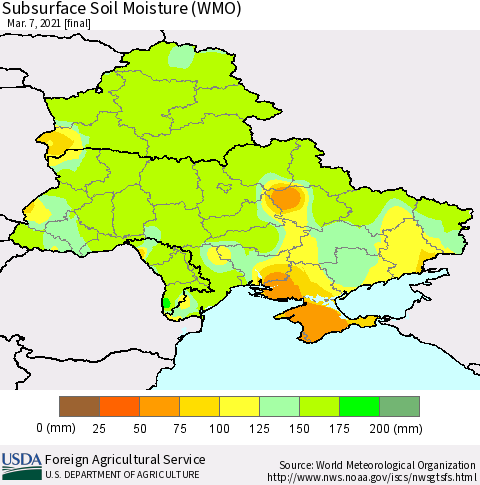 Ukraine, Moldova and Belarus Subsurface Soil Moisture (WMO) Thematic Map For 3/1/2021 - 3/7/2021