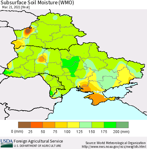 Ukraine, Moldova and Belarus Subsurface Soil Moisture (WMO) Thematic Map For 3/15/2021 - 3/21/2021