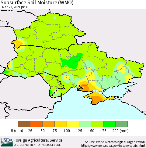 Ukraine, Moldova and Belarus Subsurface Soil Moisture (WMO) Thematic Map For 3/22/2021 - 3/28/2021