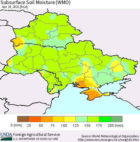 Ukraine, Moldova and Belarus Subsurface Soil Moisture (WMO) Thematic Map For 4/12/2021 - 4/18/2021