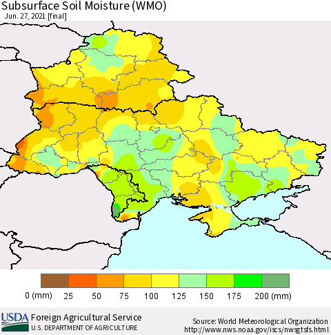 Ukraine, Moldova and Belarus Subsurface Soil Moisture (WMO) Thematic Map For 6/21/2021 - 6/27/2021