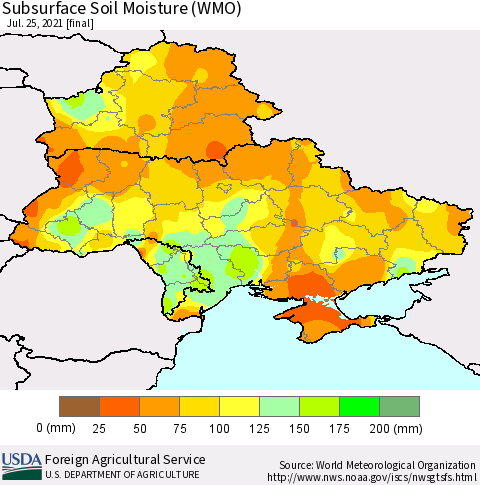 Ukraine, Moldova and Belarus Subsurface Soil Moisture (WMO) Thematic Map For 7/19/2021 - 7/25/2021