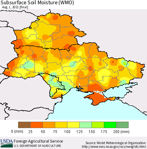 Ukraine, Moldova and Belarus Subsurface Soil Moisture (WMO) Thematic Map For 7/26/2021 - 8/1/2021