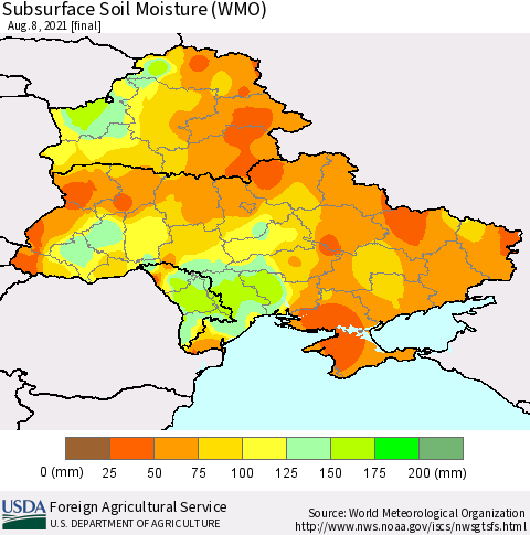 Ukraine, Moldova and Belarus Subsurface Soil Moisture (WMO) Thematic Map For 8/2/2021 - 8/8/2021