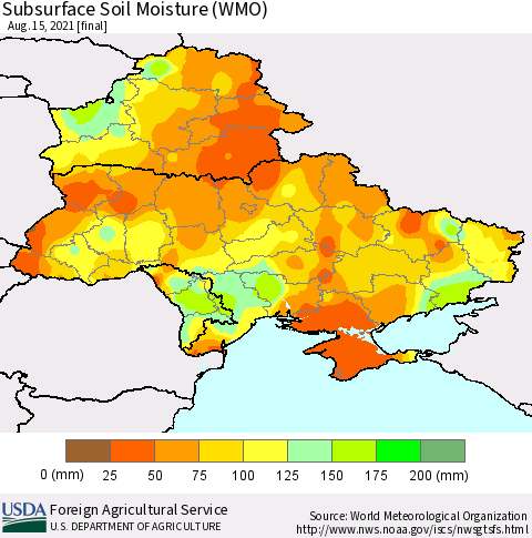 Ukraine, Moldova and Belarus Subsurface Soil Moisture (WMO) Thematic Map For 8/9/2021 - 8/15/2021