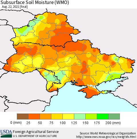 Ukraine, Moldova and Belarus Subsurface Soil Moisture (WMO) Thematic Map For 8/16/2021 - 8/22/2021