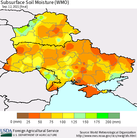 Ukraine, Moldova and Belarus Subsurface Soil Moisture (WMO) Thematic Map For 9/6/2021 - 9/12/2021