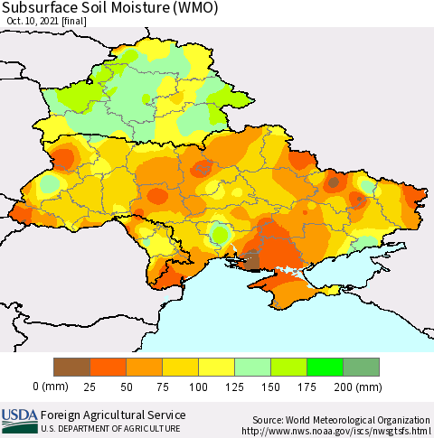 Ukraine, Moldova and Belarus Subsurface Soil Moisture (WMO) Thematic Map For 10/4/2021 - 10/10/2021