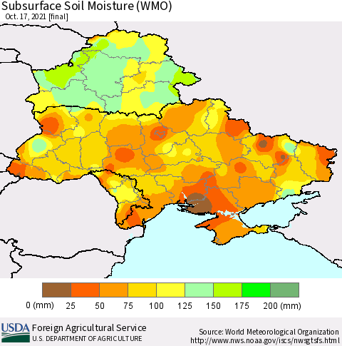 Ukraine, Moldova and Belarus Subsurface Soil Moisture (WMO) Thematic Map For 10/11/2021 - 10/17/2021