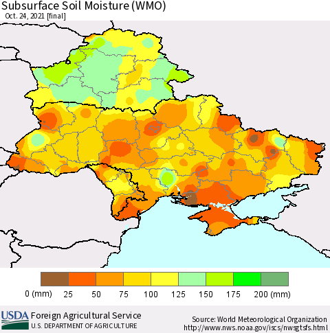 Ukraine, Moldova and Belarus Subsurface Soil Moisture (WMO) Thematic Map For 10/18/2021 - 10/24/2021