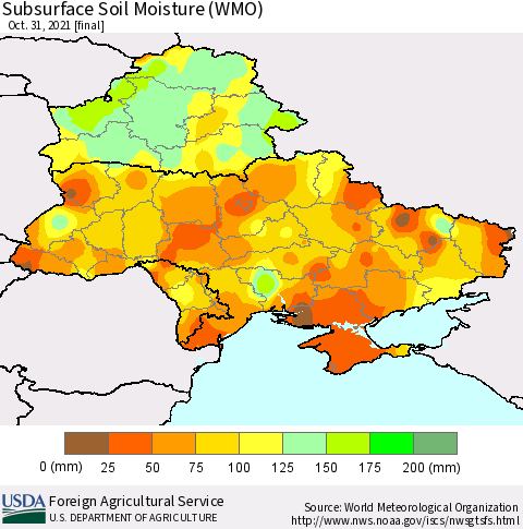 Ukraine, Moldova and Belarus Subsurface Soil Moisture (WMO) Thematic Map For 10/25/2021 - 10/31/2021