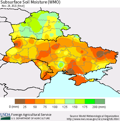 Ukraine, Moldova and Belarus Subsurface Soil Moisture (WMO) Thematic Map For 11/22/2021 - 11/28/2021