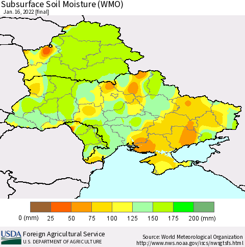 Ukraine, Moldova and Belarus Subsurface Soil Moisture (WMO) Thematic Map For 1/10/2022 - 1/16/2022