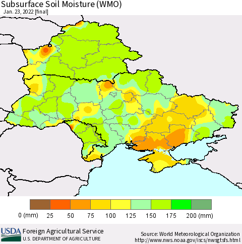 Ukraine, Moldova and Belarus Subsurface Soil Moisture (WMO) Thematic Map For 1/17/2022 - 1/23/2022
