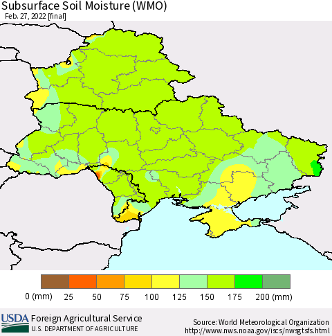 Ukraine, Moldova and Belarus Subsurface Soil Moisture (WMO) Thematic Map For 2/21/2022 - 2/27/2022