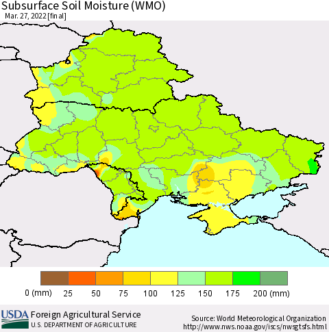 Ukraine, Moldova and Belarus Subsurface Soil Moisture (WMO) Thematic Map For 3/21/2022 - 3/27/2022