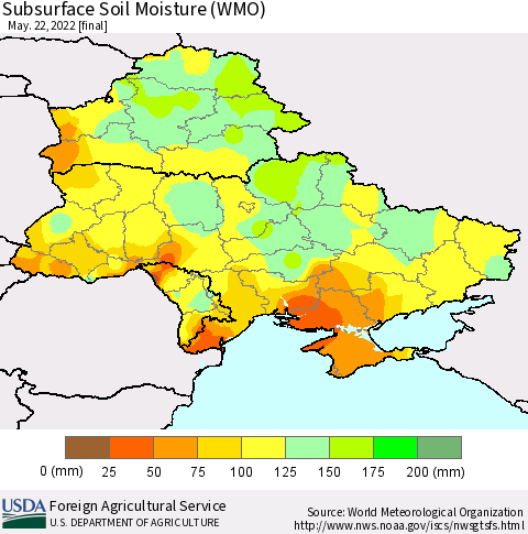 Ukraine, Moldova and Belarus Subsurface Soil Moisture (WMO) Thematic Map For 5/16/2022 - 5/22/2022