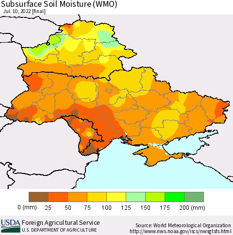 Ukraine, Moldova and Belarus Subsurface Soil Moisture (WMO) Thematic Map For 7/4/2022 - 7/10/2022