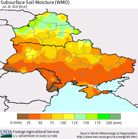 Ukraine, Moldova and Belarus Subsurface Soil Moisture (WMO) Thematic Map For 7/18/2022 - 7/24/2022