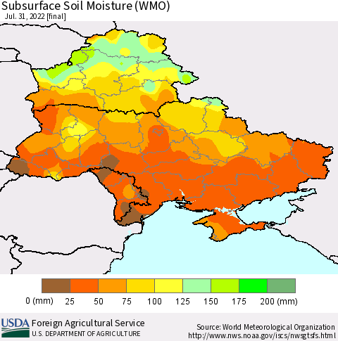 Ukraine, Moldova and Belarus Subsurface Soil Moisture (WMO) Thematic Map For 7/25/2022 - 7/31/2022