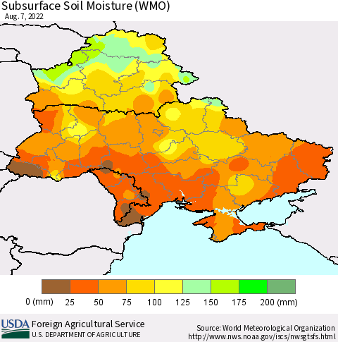 Ukraine, Moldova and Belarus Subsurface Soil Moisture (WMO) Thematic Map For 8/1/2022 - 8/7/2022