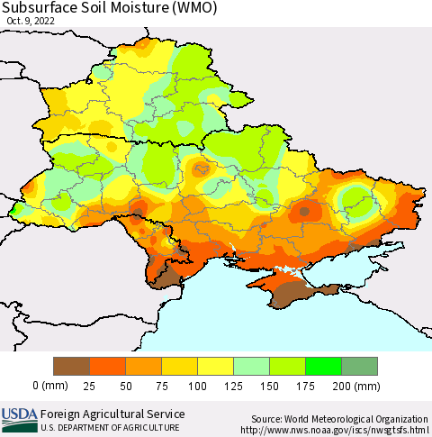 Ukraine, Moldova and Belarus Subsurface Soil Moisture (WMO) Thematic Map For 10/3/2022 - 10/9/2022
