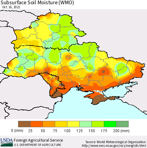Ukraine, Moldova and Belarus Subsurface Soil Moisture (WMO) Thematic Map For 10/10/2022 - 10/16/2022