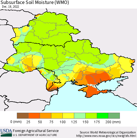 Ukraine, Moldova and Belarus Subsurface Soil Moisture (WMO) Thematic Map For 12/12/2022 - 12/18/2022