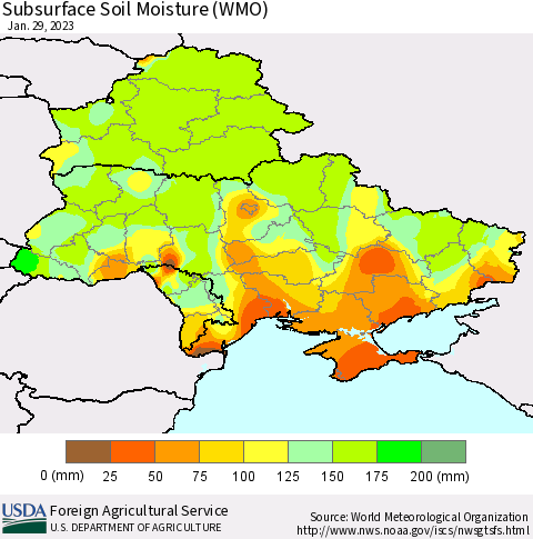 Ukraine, Moldova and Belarus Subsurface Soil Moisture (WMO) Thematic Map For 1/23/2023 - 1/29/2023