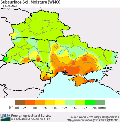 Ukraine, Moldova and Belarus Subsurface Soil Moisture (WMO) Thematic Map For 2/13/2023 - 2/19/2023
