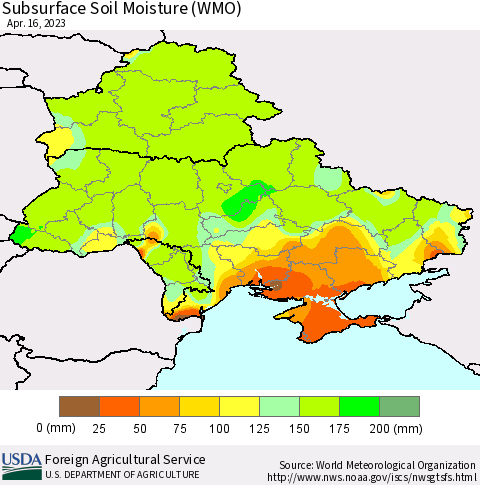 Ukraine, Moldova and Belarus Subsurface Soil Moisture (WMO) Thematic Map For 4/10/2023 - 4/16/2023