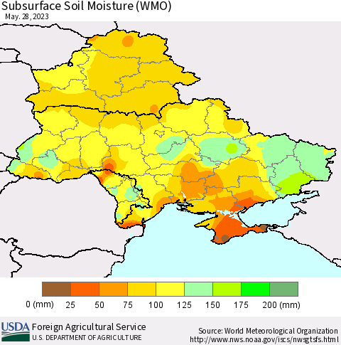 Ukraine, Moldova and Belarus Subsurface Soil Moisture (WMO) Thematic Map For 5/22/2023 - 5/28/2023