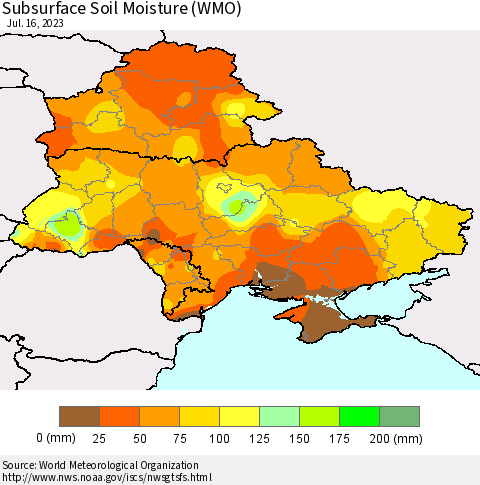 Ukraine, Moldova and Belarus Subsurface Soil Moisture (WMO) Thematic Map For 7/10/2023 - 7/16/2023
