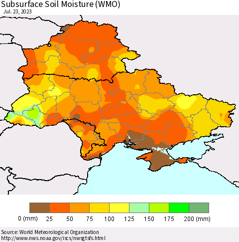 Ukraine, Moldova and Belarus Subsurface Soil Moisture (WMO) Thematic Map For 7/17/2023 - 7/23/2023