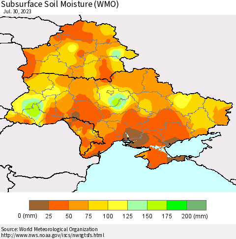 Ukraine, Moldova and Belarus Subsurface Soil Moisture (WMO) Thematic Map For 7/24/2023 - 7/30/2023