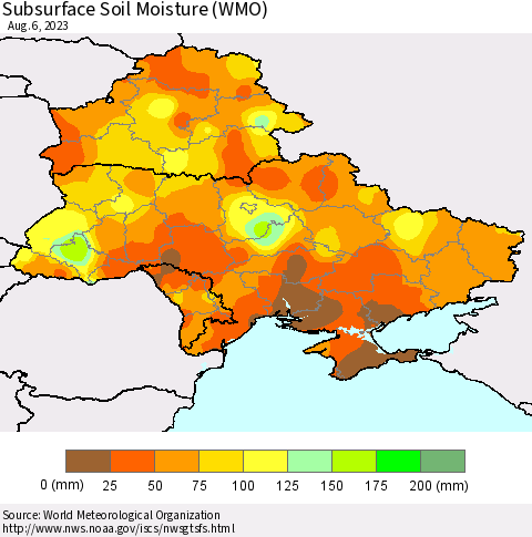 Ukraine, Moldova and Belarus Subsurface Soil Moisture (WMO) Thematic Map For 7/31/2023 - 8/6/2023