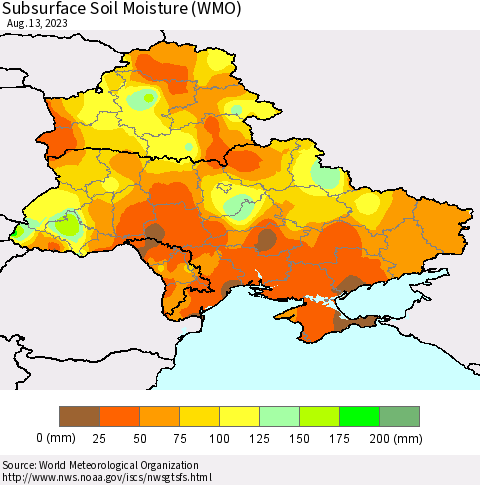 Ukraine, Moldova and Belarus Subsurface Soil Moisture (WMO) Thematic Map For 8/7/2023 - 8/13/2023
