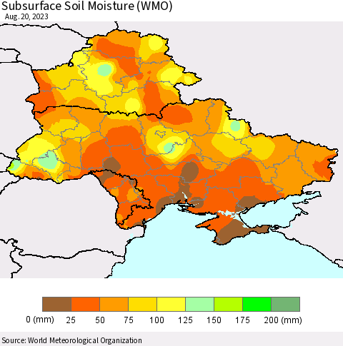 Ukraine, Moldova and Belarus Subsurface Soil Moisture (WMO) Thematic Map For 8/14/2023 - 8/20/2023