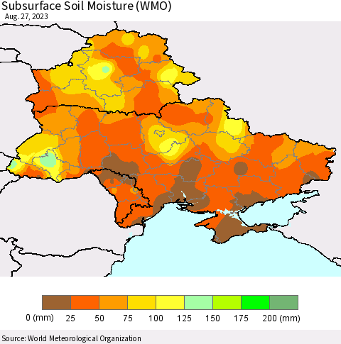 Ukraine, Moldova and Belarus Subsurface Soil Moisture (WMO) Thematic Map For 8/21/2023 - 8/27/2023